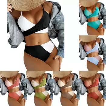 Женский однотонный комплект бикини с высокой грудью и бретельками, купальник из двух частей L