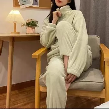 Женский однотонный комплект из 2 предметов пижамы, ночная рубашка, розовая, с длинным рукавом, теплая, коралловая, ночная рубашка, осенне-зимняя пижама, топ и брюки, мягкая домашняя одежда L зелёный