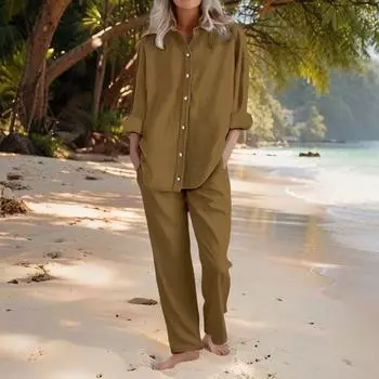 Женский однотонный комплект из двух предметов: топ с длинными рукавами и брюки L кофейный