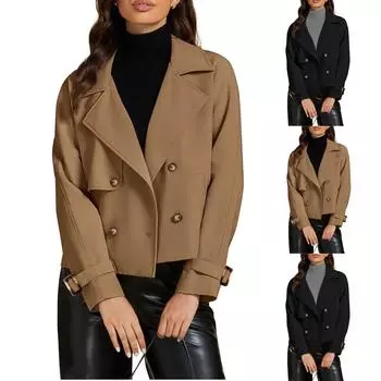 Женский однотонный короткий тренчкот с лацканами, длинный рукав, двубортный повседневный пиджак, шерстяное пальто L чёрный