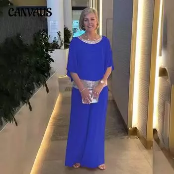 Женский однотонный костюм больших размеров на весну и лето, рубашка с широкими брюками и круглым вырезом с блестками, рубашка с широкими штанинами S белый