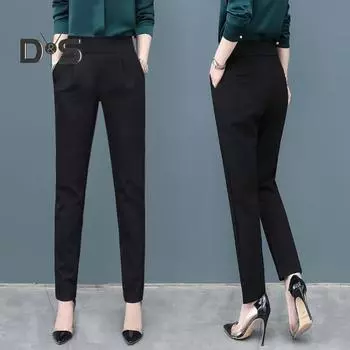 Женский однотонный костюм, брюки с высокой талией, эластичный пояс, косые карманы, облегающие повседневные длинные брюки, рабочая одежда XL чёрный