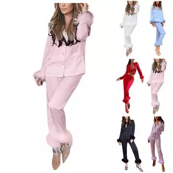 Женский однотонный костюм, пальто с лацканами, брюки с перьями, двухсекционный пижамный костюм S синий