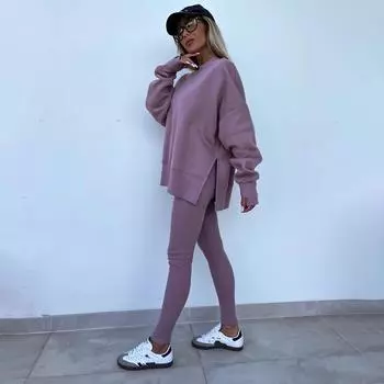 Женский однотонный костюм с длинным рукавом и круглым вырезом, свободный топ, широкие брюки, осень-зима M