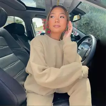 Женский однотонный костюм с длинным рукавом и круглым вырезом, свободный топ, широкие брюки, осень-зима S абрикосовый