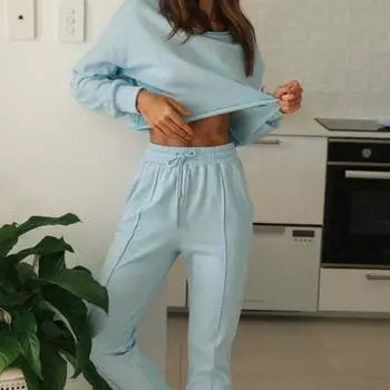 Женский однотонный костюм с длинным рукавом и круглым вырезом, свободный топ, широкие короткие брюки, осень-зима S светло-синий