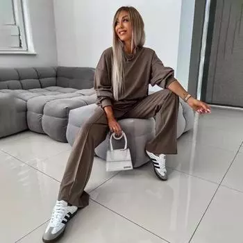 Женский однотонный костюм с длинным рукавом и круглым вырезом, свободный топ, широкие брюки, осень-зима S хаки
