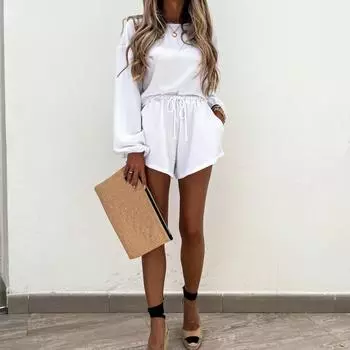 Женский однотонный костюм с длинным рукавом и круглым вырезом, свободный топ, широкие короткие брюки, осень-зима S белый