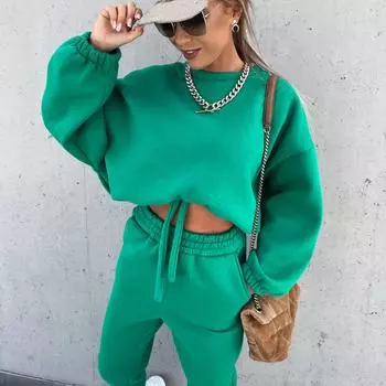 Женский однотонный костюм с длинным рукавом и круглым вырезом, свободный топ, широкие брюки, осень-зима S чёрный