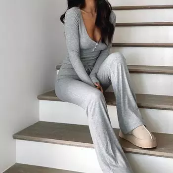 Женский однотонный костюм с длинным рукавом и V-образным вырезом, свободный топ, широкие короткие брюки, осень-зима S светло-серый