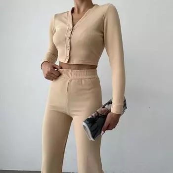 Женский однотонный костюм с длинным рукавом и V-образным вырезом, свободный топ, широкие короткие брюки, осень-зима S бордовый