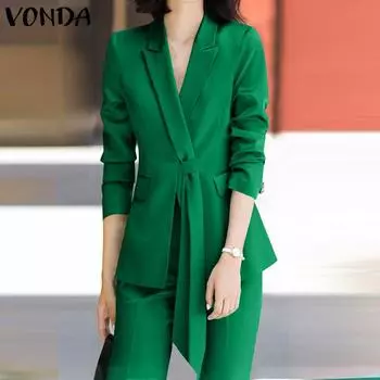 Женский однотонный костюм с галстуком и длинными рукавами VONDA S зелёный
