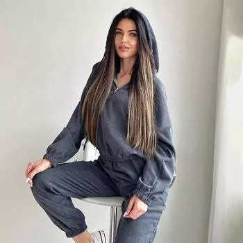 Женский однотонный костюм с капюшоном и длинным рукавом, свободный топ, широкие брюки, осень-зима S кофейный