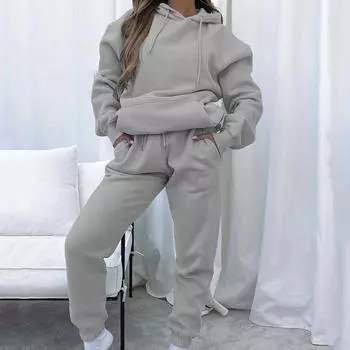 Женский однотонный костюм с капюшоном и длинным рукавом, свободный топ, широкие брюки, осень-зима S абрикосовый