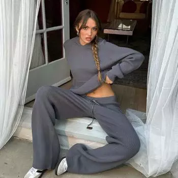 Женский однотонный костюм с капюшоном и длинным рукавом, свободный топ, широкие брюки, осень-зима S серый