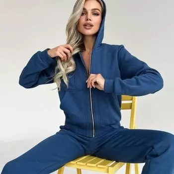 Женский однотонный костюм с капюшоном и длинным рукавом, свободный топ, широкие брюки, осень-зима S королевский синий