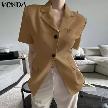 Женский однотонный костюм VONDA с лацканами и короткими рукавами, карманами и клапанами, текстурированный