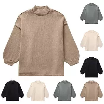 Женский однотонный круглый вырез свободный модный удобный свитер трикотаж L армия зеленый