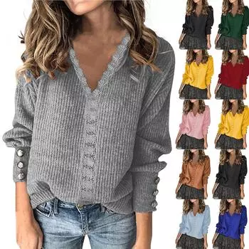 Женский однотонный кружевной пуловер с V-образным вырезом, свободный свитер с длинными рукавами L армия зеленый