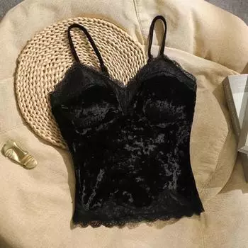 Женский однотонный кружевной топ без рукавов с пупком One Size чёрный