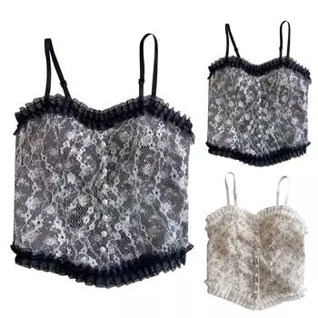 Женский однотонный кружевной топ без рукавов с пупком One Size чёрный