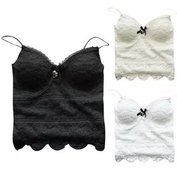 Женский однотонный кружевной топ без рукавов с пупком One Size бежевый