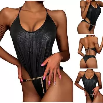 Женский однотонный купальник бикини с принтом под змеиную кожу и цепочкой на шее M чёрный