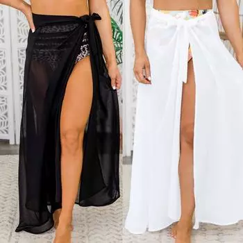 Женский однотонный купальник, сетчатый купальник бикини, пляжная юбка с запахом и накидкой XL чёрный