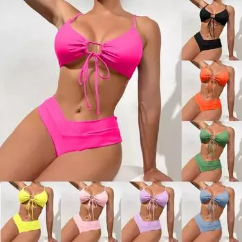 Женский однотонный купальник, женский купальник с разрезом на тонких бретельках и высокой талией, комплект из четырех предметов L чёрный