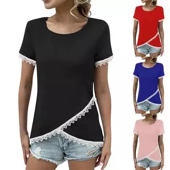 Женский однотонный лоскутный новый кружевной топ с круглым вырезом, короткими рукавами и основой L чёрный