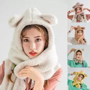 Женский однотонный милый плюшевый шарф-шапка, два тёплых шарфа коричневый