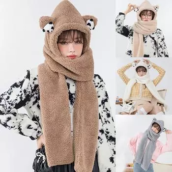 Женский однотонный милый плюшевый шарф-шапка, два тёплых шарфа серый