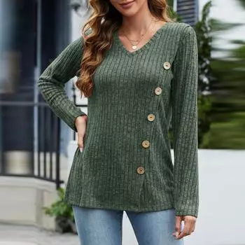 Женский однотонный модный длинный рукав в полоску с накладными пуговицами свободный топ L армия зеленый