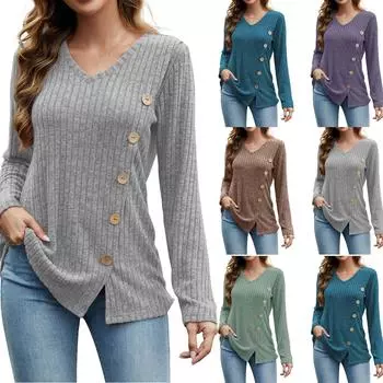 Женский однотонный модный длинный рукав в полоску с накладными пуговицами свободный топ L синий