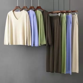 Женский однотонный модный комплект из ледяного шелка с v-образным вырезом, новинка 2023 года, весна-осень, свободный повседневный свитер с высокой талией, комплект из двух предметов One Size синий