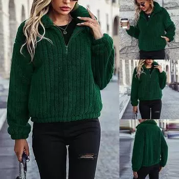 Женский однотонный модный осенне-зимний плюшевый теплый свитер с длинными рукавами L зелёный