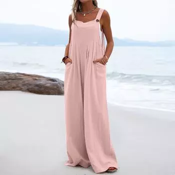 Женский однотонный модный повседневный свободный комбинезон без рукавов с карманами XL розовый