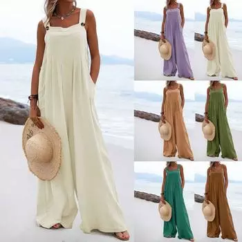 Женский однотонный модный повседневный свободный комбинезон без рукавов с карманами