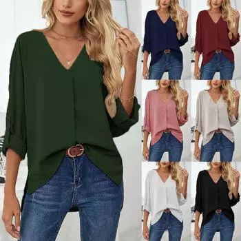 Женский однотонный модный пуловер с v-образным вырезом и длинными рукавами, повседневный топ с запахом и рукавами L чёрный