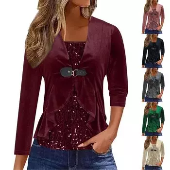 Женский однотонный модный универсальный двухсекционный топ с пайетками и длинными рукавами L чёрный