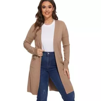 Женский однотонный мягкий повседневный свитер-кардиган, весна-осень, длинный свитер с открытой вышивкой, свободный вязаный свитер с карманами One Size чёрный