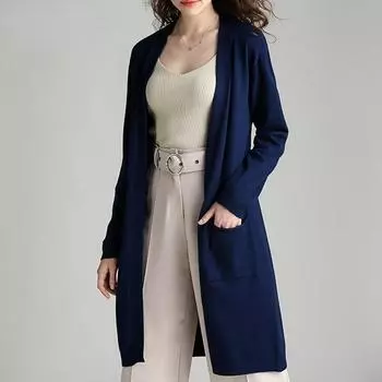 Женский однотонный мягкий повседневный свитер-кардиган, весна-осень, длинный свитер с открытой вышивкой, свободный вязаный свитер с карманами One Size темно-синий