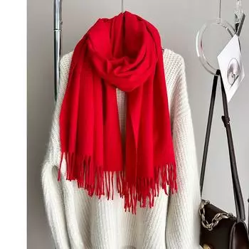 Женский однотонный мягкий шарф с бахромой, зимний теплый удобный шарф из искусственной пашмины и шаль для женщин, рождественский модный шарф красного цвета one size