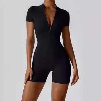 Женский однотонный облегающий и эластичный комбинезон из трех частей на молнии с открытой шеей, костюм для йоги L чёрный