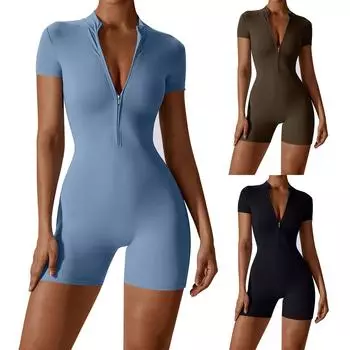 Женский однотонный облегающий и эластичный комбинезон из трех частей на молнии с открытой шеей, костюм для йоги L чёрный