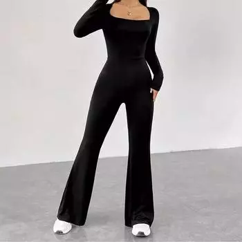 Женский однотонный облегающий комбинезон с длинными рукавами и квадратным вырезом L чёрный