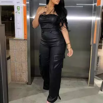 Женский однотонный облегающий комбинезон с несколькими карманами L чёрный