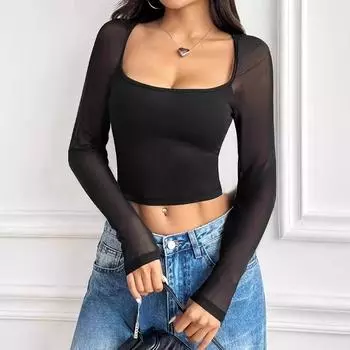 Женский однотонный облегающий топ с квадратным вырезом в стиле пэчворк весна/лето S чёрный