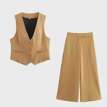 Женский однотонный облегающий жилет с V-образным вырезом и широкие брюки XS