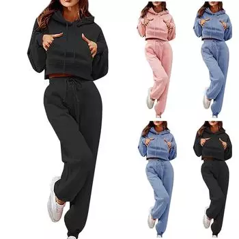 Женский однотонный осенне-зимний свитер с длинными рукавами и брюки, свободный повседневный костюм из двух предметов L розовый